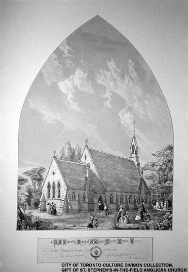 The architect of St. Stephen's painted this watercolour of the proposed church. Thomas Fuller designed the Parliament buildings in Ottawa and the University Avenue Armoury in Toronto. The inscription reads: "N.E. view of the church at S. Stephen. Toronto Canada West. To Robert Brittain Denison Esq. Of Toronto. This view dedicated by his faithful servant, the architect." - Photo courtesy: City of Toronto Culture Division Collection. Gift of St. Stephen's-In-The-Field Anglican Church