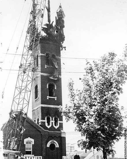In 1972, No.8 Hose Station burned in a huge blaze that brought out a lot of Toronto firefighters and all of the Kensington neighbours. The bells plunged to the bottom of the tower during the fire. The tower itself stood, but was so weakened it had to be taken down for safety's sake. The station was rebuilt as a replica of the original. - Photo courtesy: Kensington Roots
