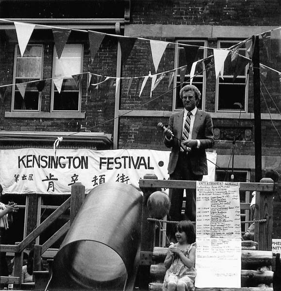 During the 1970s, St. Stephen's began sponsoring street festivals that seemed to involve everyone. Then Mayor Art Eggleton opens a festival on Bellevue Avenue outside the community house. - Photo courtesy: St. Stephen's Community House
