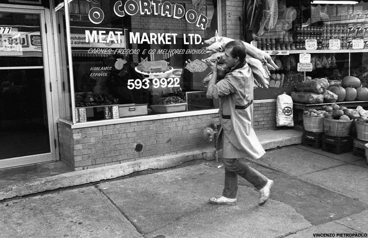 Delivering pigs to a Portuguese butcher shop on Augusta Avenue, 1990. - Photo courtesy: Vincenzo Pietropaolo