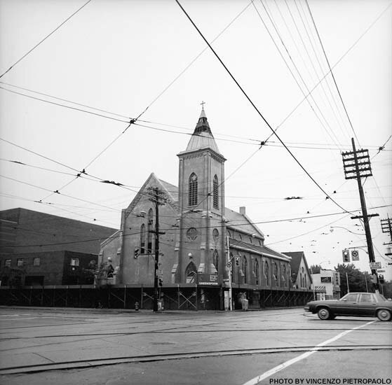 St. Elizabeth of Hungary Church, at the corner of Spadina Avenue and Dundas Street, just before demolition in 1985. - Photo courtesy: Vincenzo Pietropaolo
