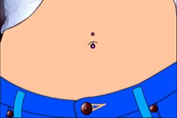 This is a picture of a belly button piercing. It depicts a small piercing through the fold of skin at the top of the navel, with a stud placed on each side of the piercing.
