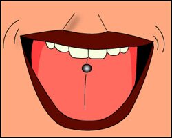 This is a picture of a tongue piercing. It shows a metal stud pierced through the middle of the tongue several cenimetres from the tip of the tongue.